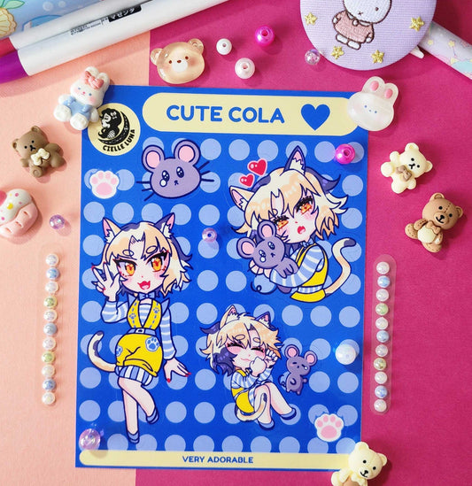 Cartoon character sticker sheet with decorative items on a pink background